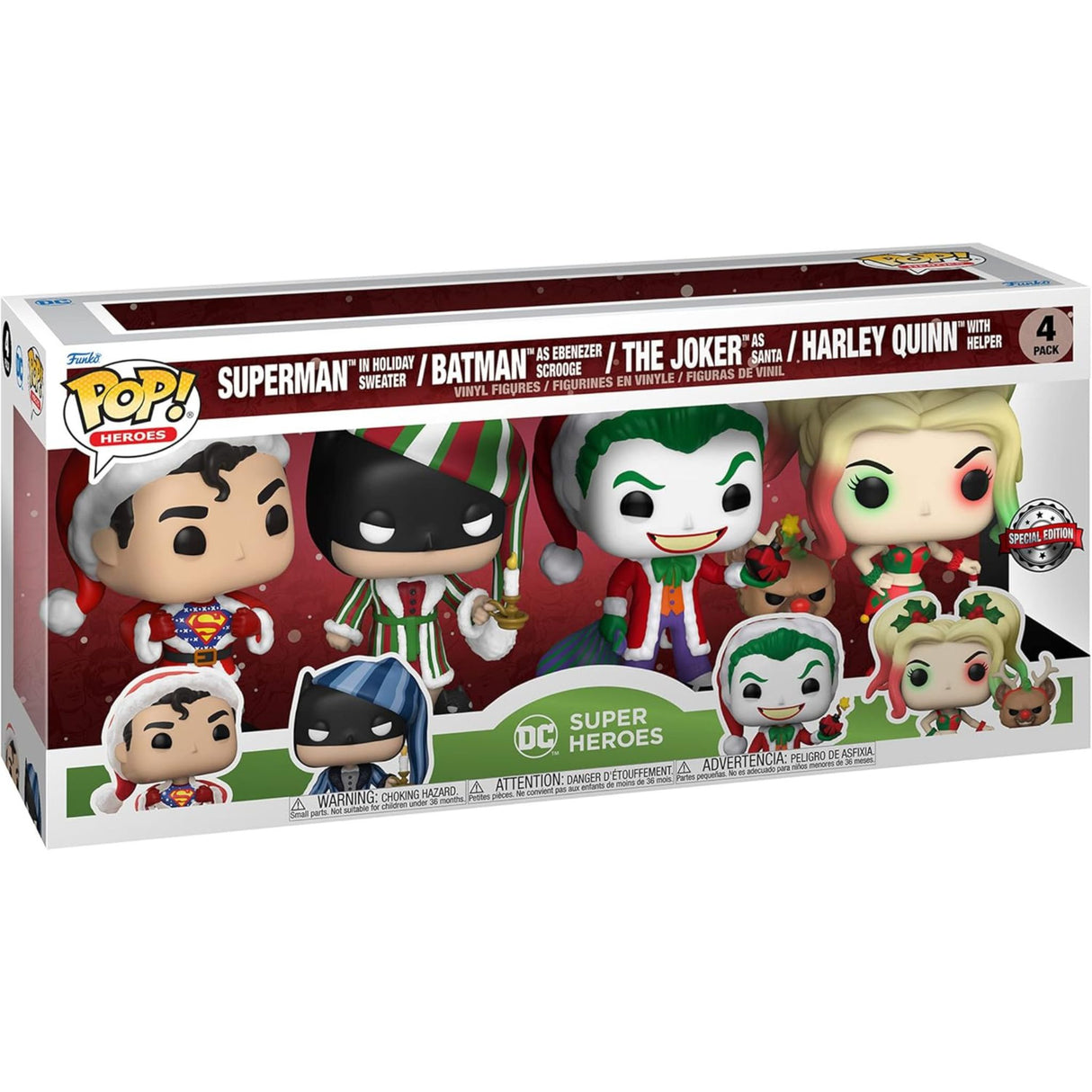 Funko POP! DC Super Heroes Christmas 4 Pack (Superman, Batman, Joker, Harley Quinn)