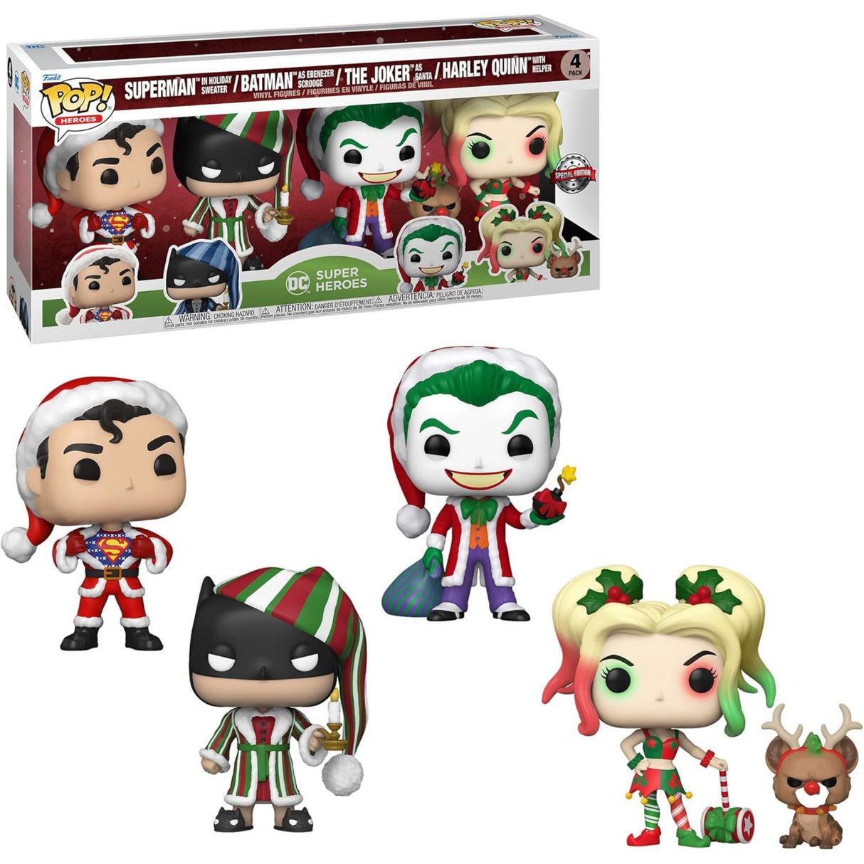 Funko POP! DC Super Heroes Christmas 4 Pack (Superman, Batman, Joker, Harley Quinn)